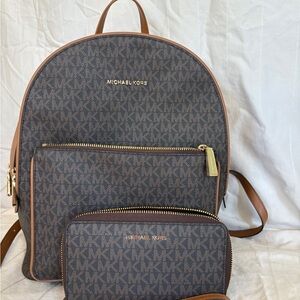 Michael Kors Brown Signature MK Logo Backpack with Matching Wallet